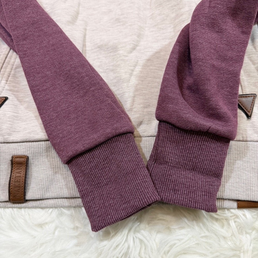 Naketano "Brave New World" Pullover Hoodie Heather Gray & Purple/Maroon Sleeves - Picture 5 of 14